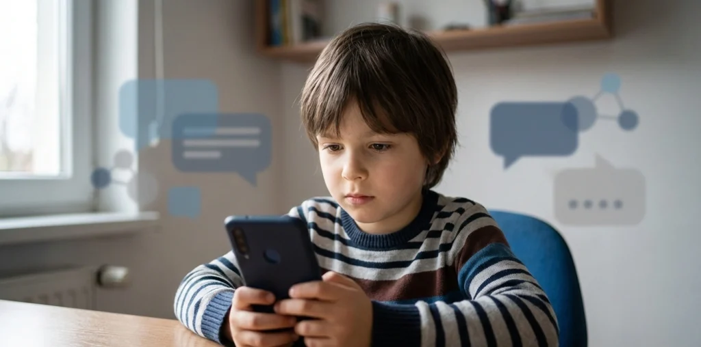 Child interacting with a smartphone, symbolising fraud attempts through social platforms