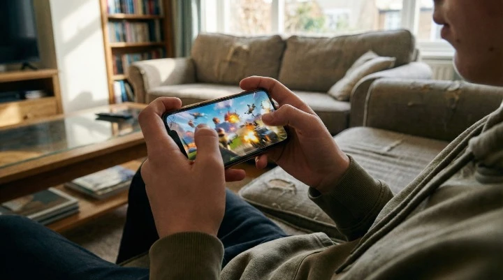 A person using a smartphone during a short mobile gaming session in a casual indoor setting.