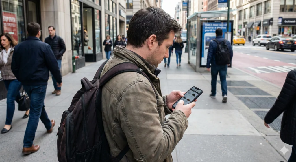 Person using a smartphone for shopping while standing in an everyday urban environment