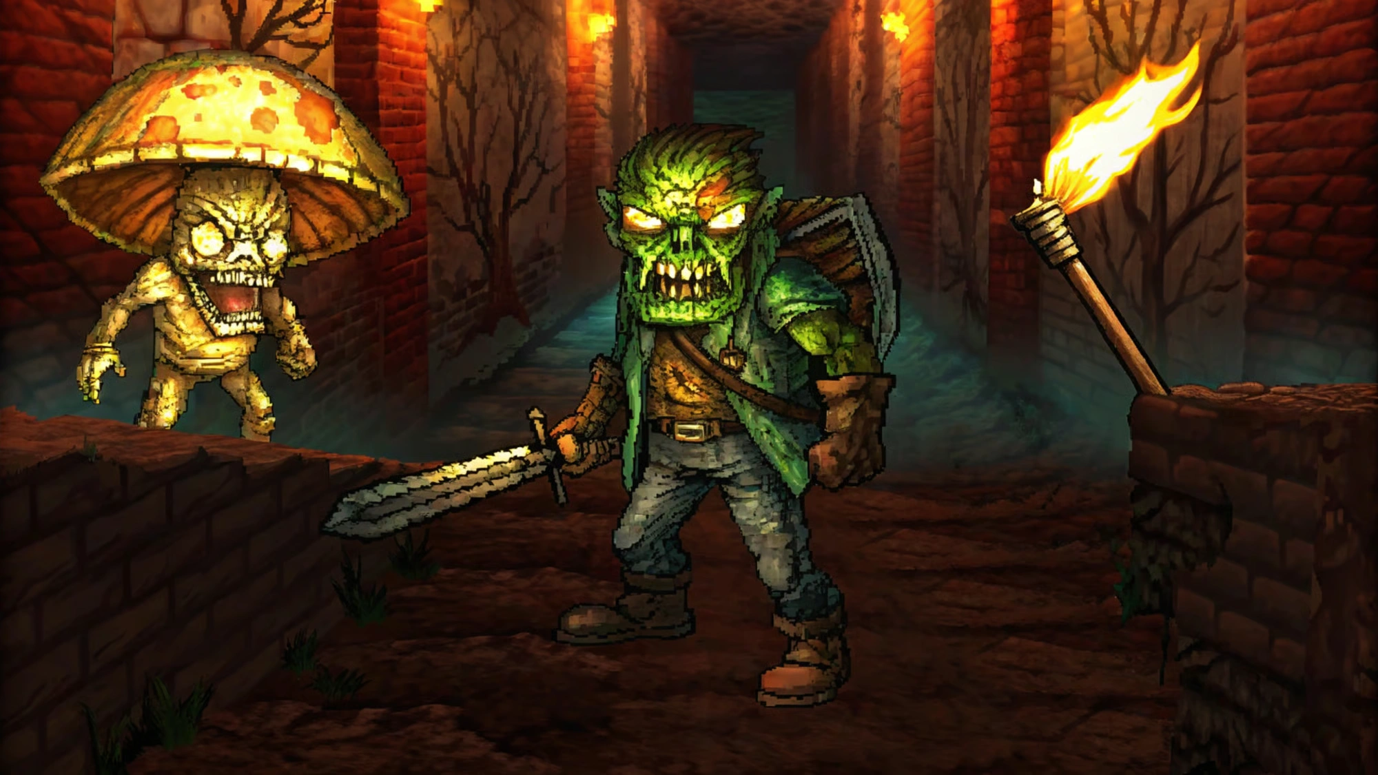 Pixel-art dungeon game scene featuring a monster character holding a sword and torch in a dark corridor