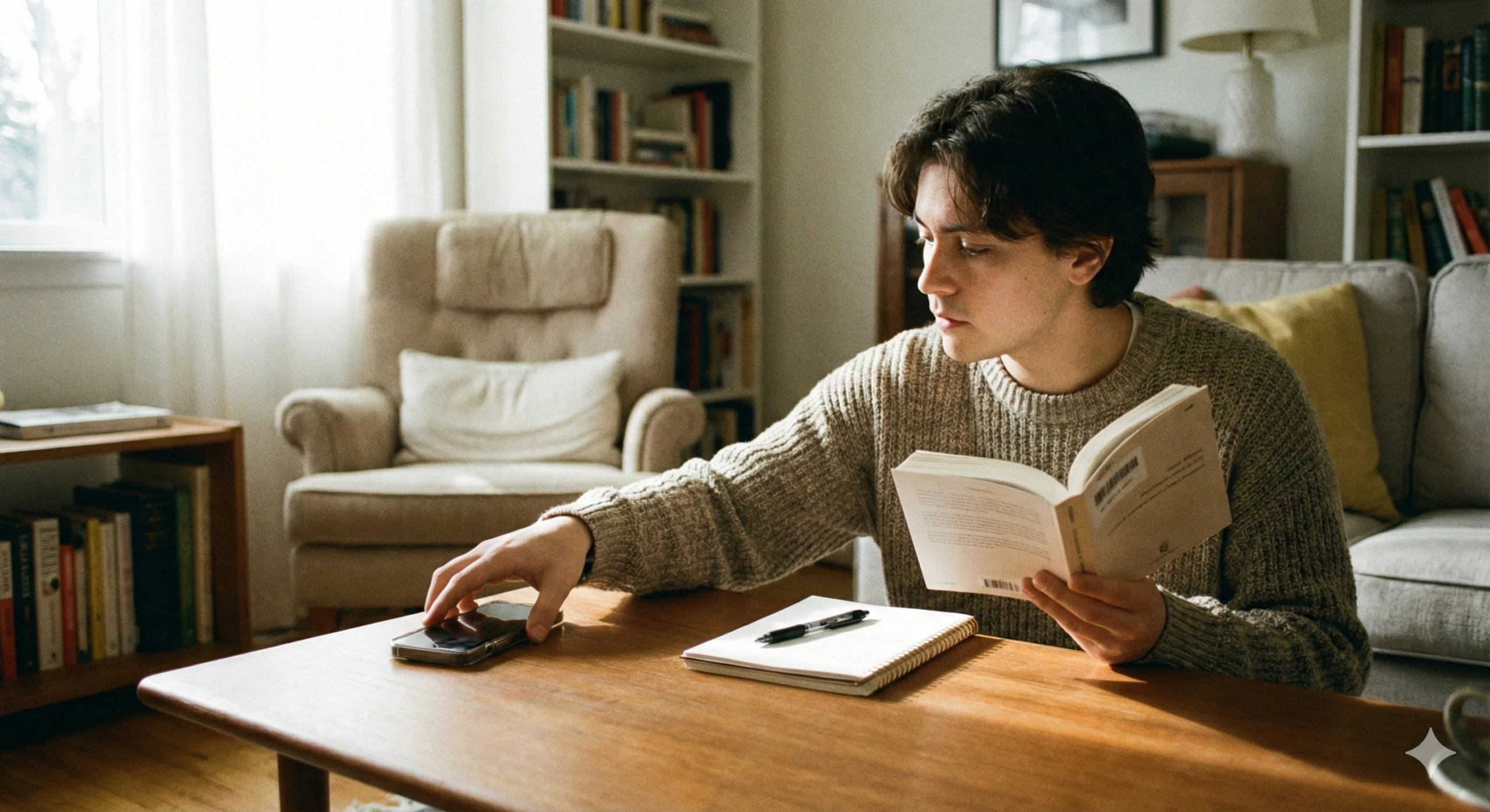 Person placing a smartphone aside while focusing on reading to regain balance in daily life