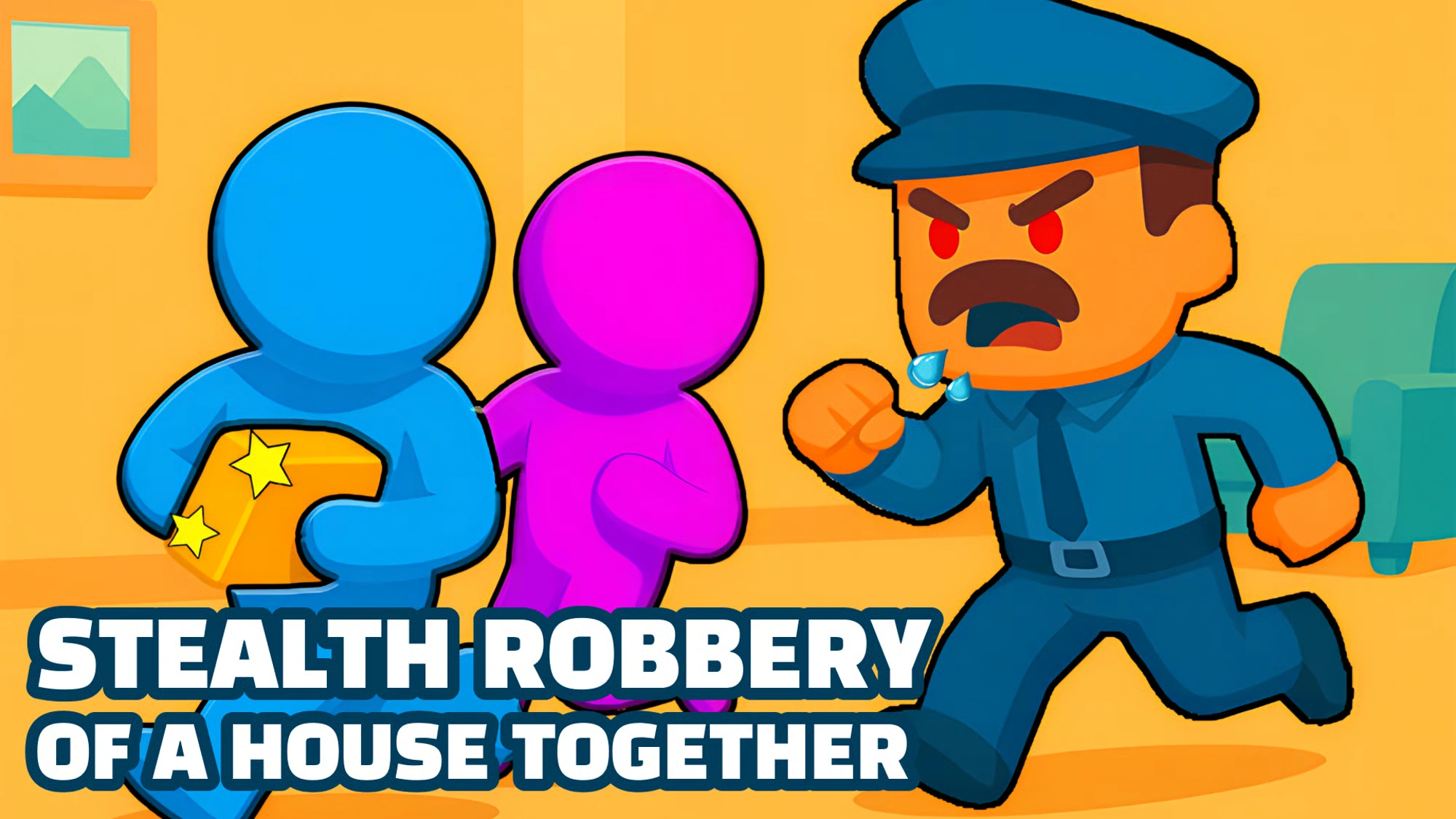 Cartoon stealth game scene showing characters escaping while a police officer gives chase
