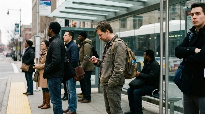 People using smartphones during short pauses in everyday public spaces.