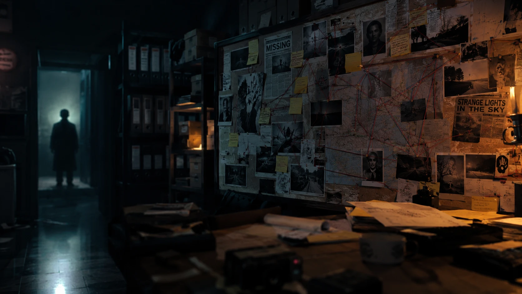 Alt Text: Cinematic investigation room scene inspired by best mystery series 2024-2025 with evidence walls, hidden clues and shadowy atmosphere