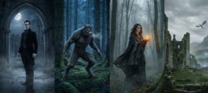 supernatural series list featuring vampire, werewolf, witch, and gothic fantasy scenes