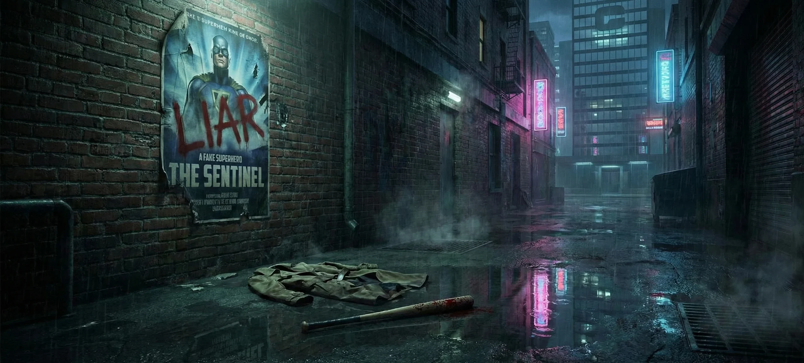 The Boys analysis concept image showing a dark urban alley and a defaced superhero poster symbolizing power and deception