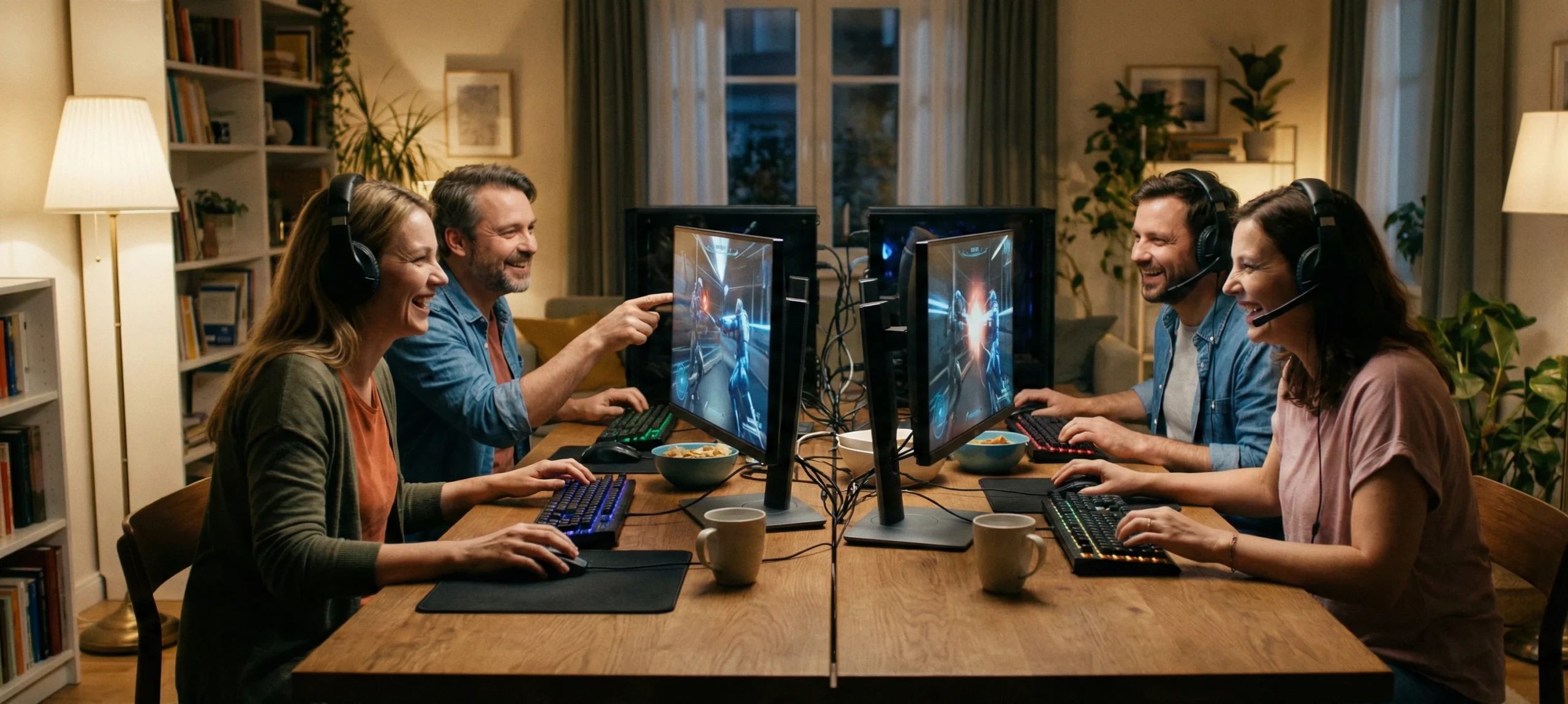 People playing multiplayer games together on desktop computers in a relaxed home environment