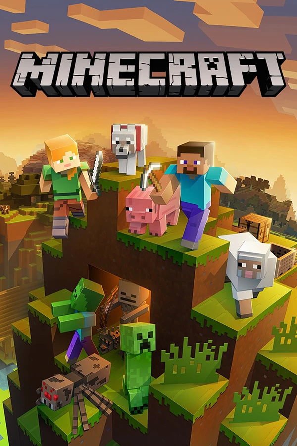 Minecraft multiplayer sandbox game cover art showing block-based world and characters
