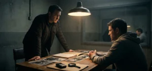 Crime series guide interrogation scene with investigator standing and suspect sitting across a table