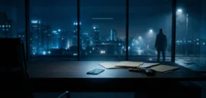 Cinematic political thriller scene representing shows like the night agent with classified documents and a tense night atmosphere
