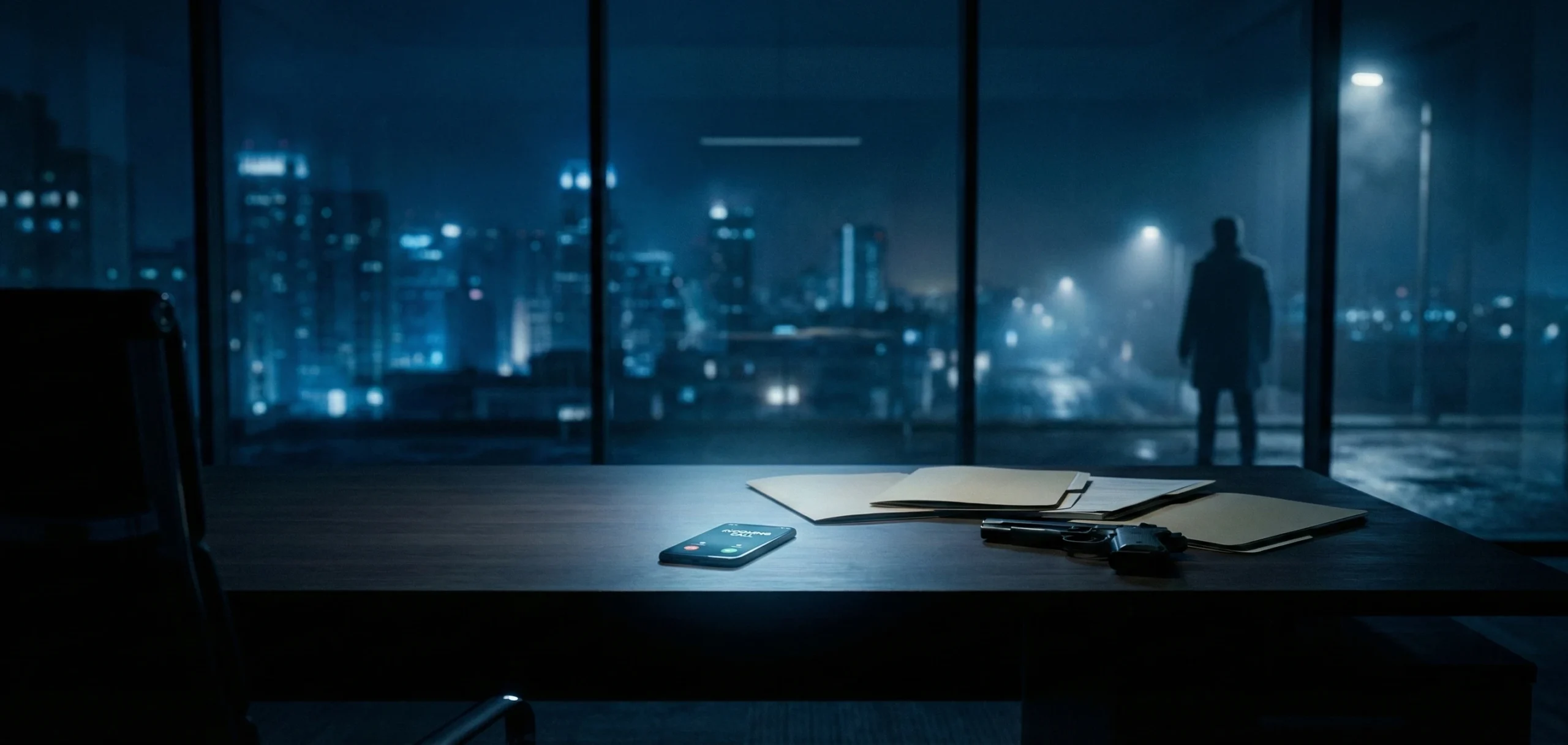 Cinematic political thriller scene representing shows like the night agent with classified documents and a tense night atmosphere