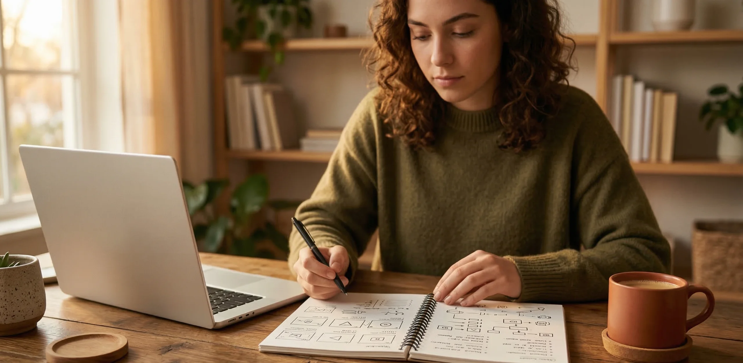 Video content planning desk with notebook laptop and creative workspace