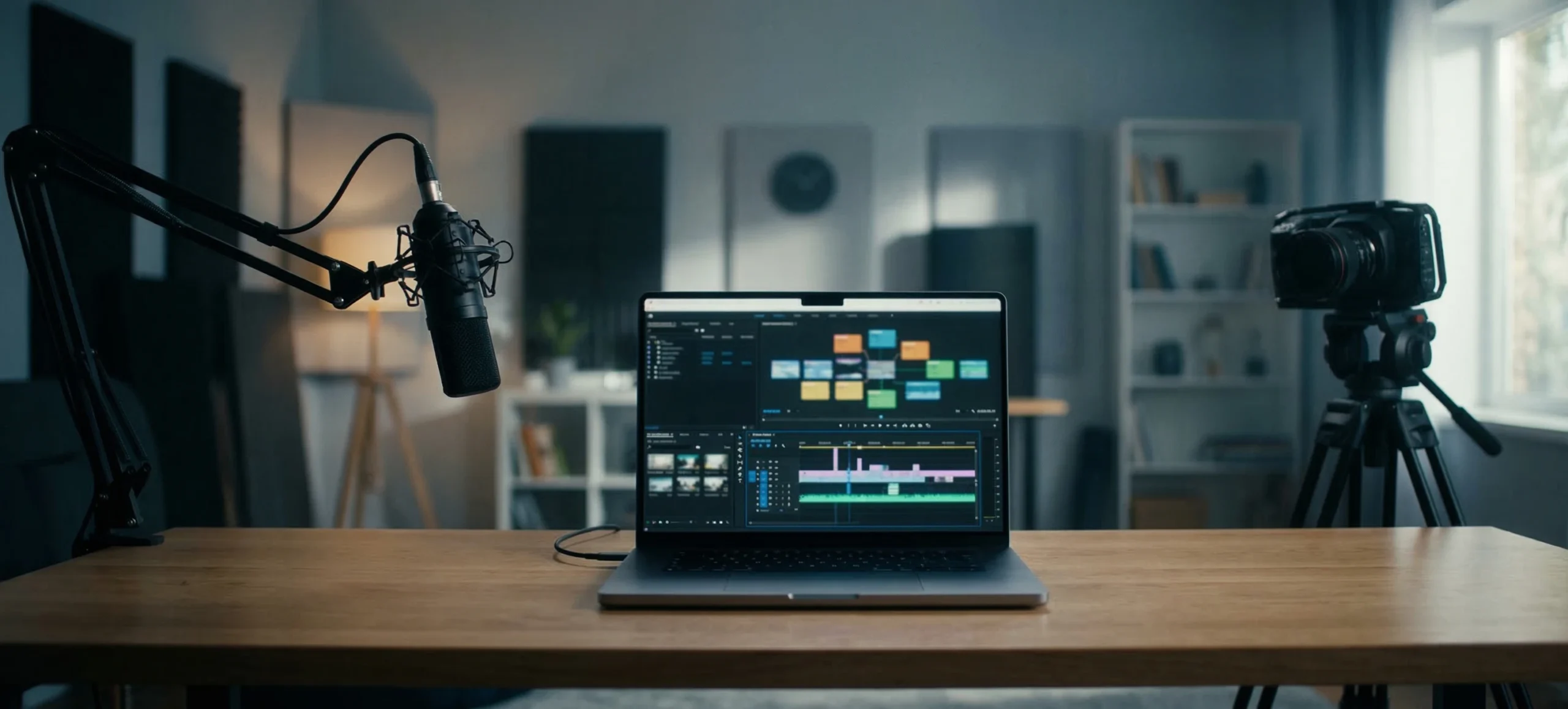 YouTube video creator workspace with camera microphone and video editing laptop