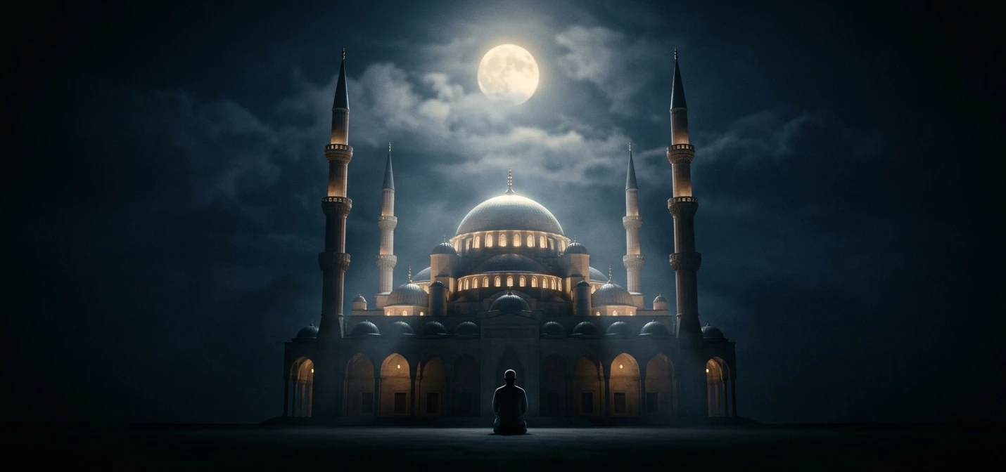 films and tv series about islam illustrated with a cinematic mosque scene under the moonlight