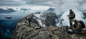 researchers exploring volcanic crater and remote natural environments representing exploration documentaries about unknown places