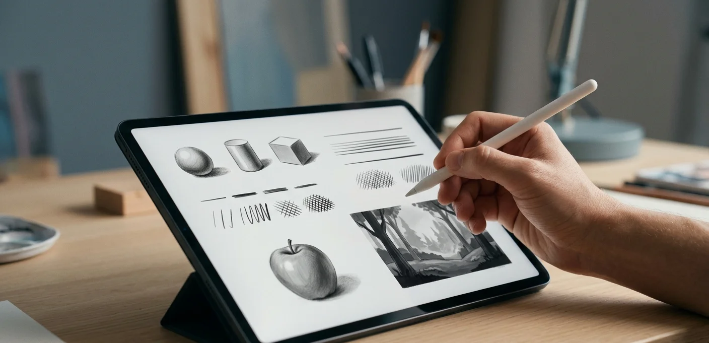 digital art practice session basic shapes shading and drawing exercises on tablet