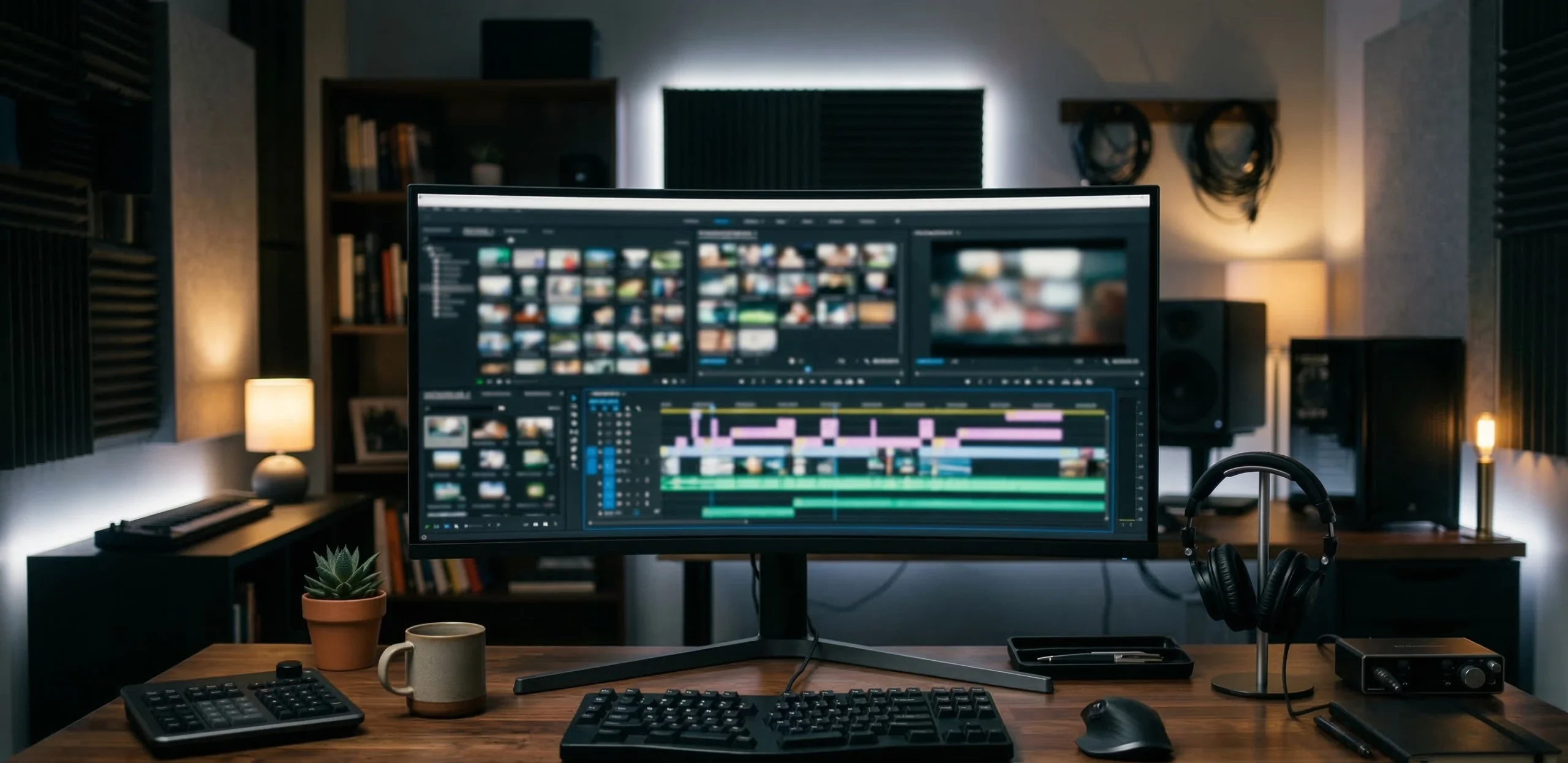 Video editing workstation with monitor keyboard and editing timeline
