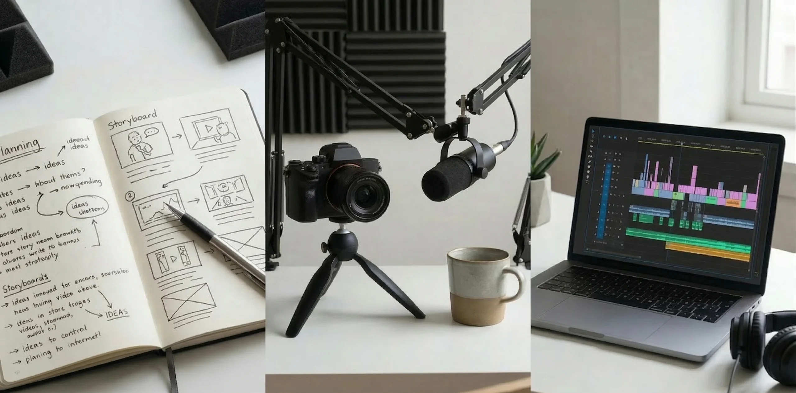 YouTube video creation workflow desk with notebook camera microphone and editing laptop