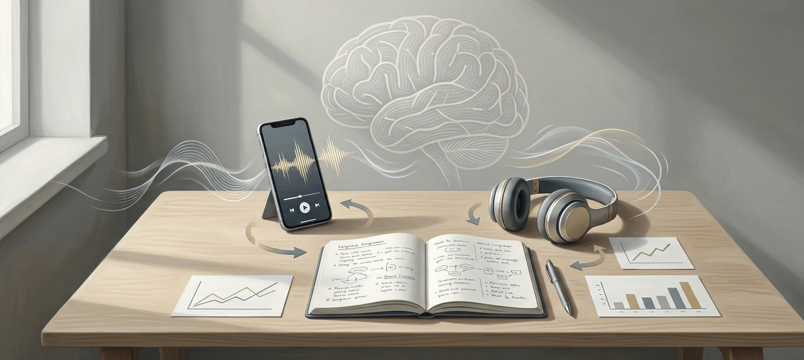 learn english more effectively through daily practice using notebook, headphones, and listening exercises