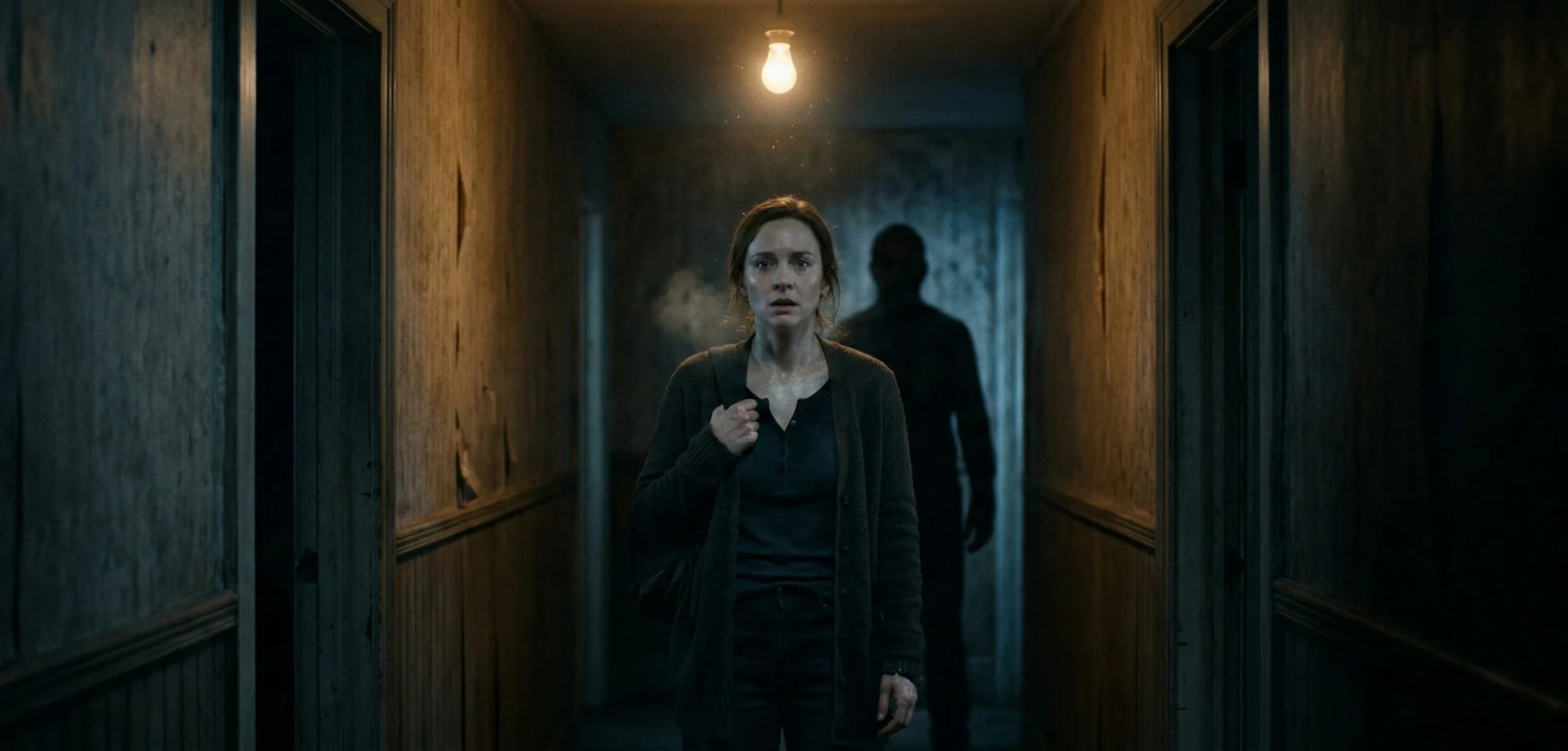 horror series 2020-2025 dark hallway scene with frightened woman and shadow figure