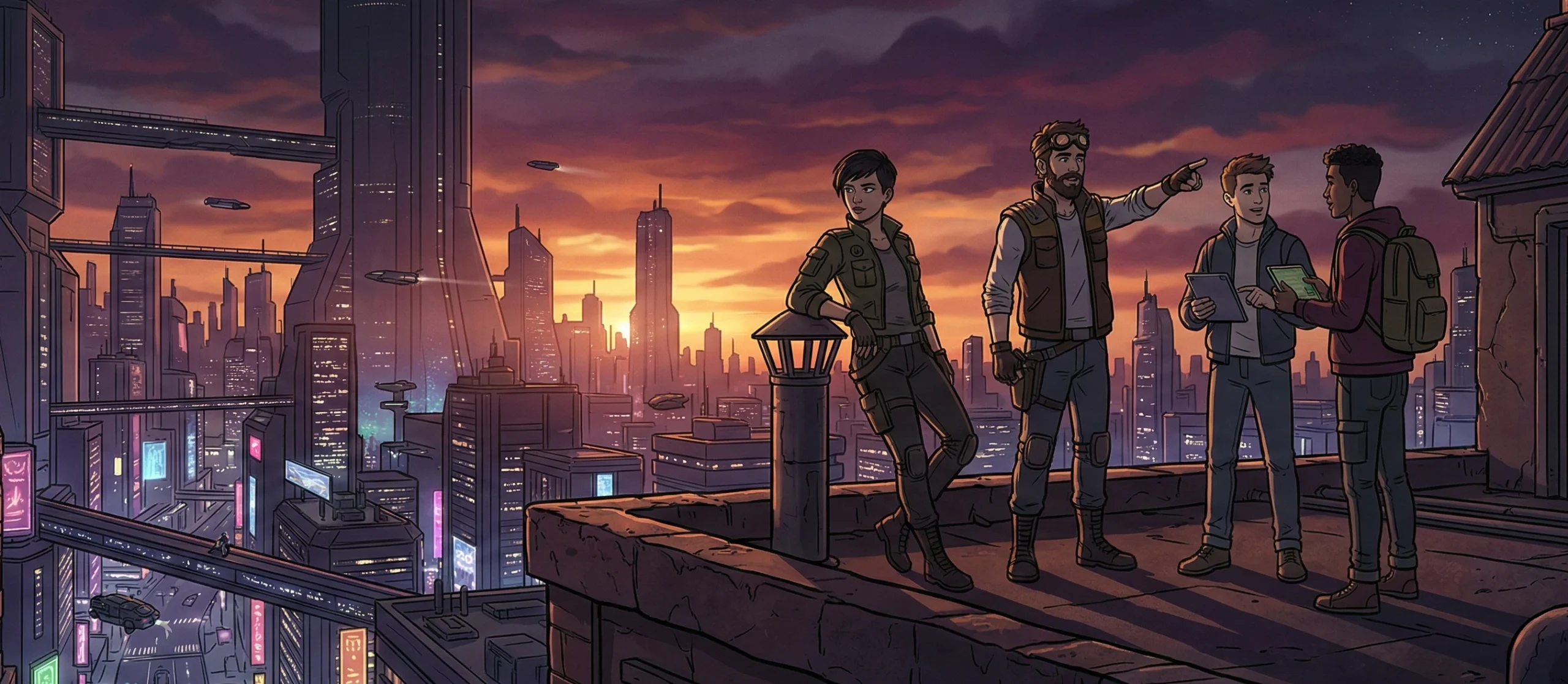 young adult animation series characters overlooking a futuristic sci-fi city at sunset western animation style