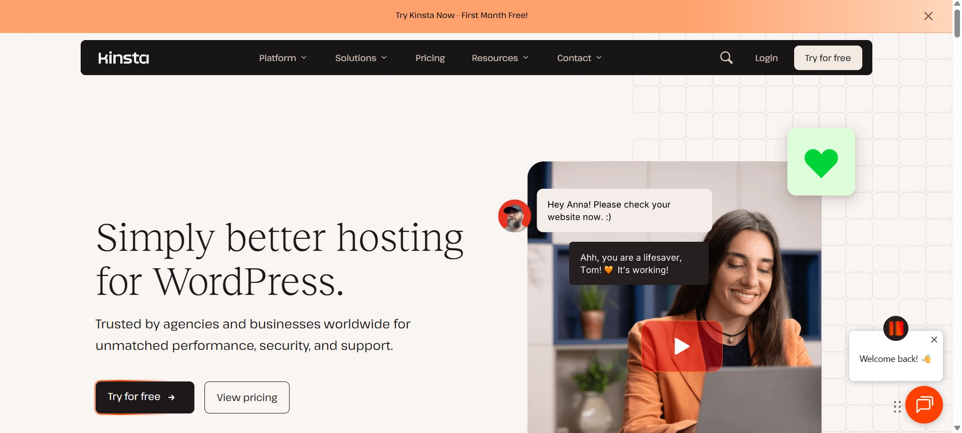 Kinsta hosting homepage showing Simply better hosting for WordPress tagline