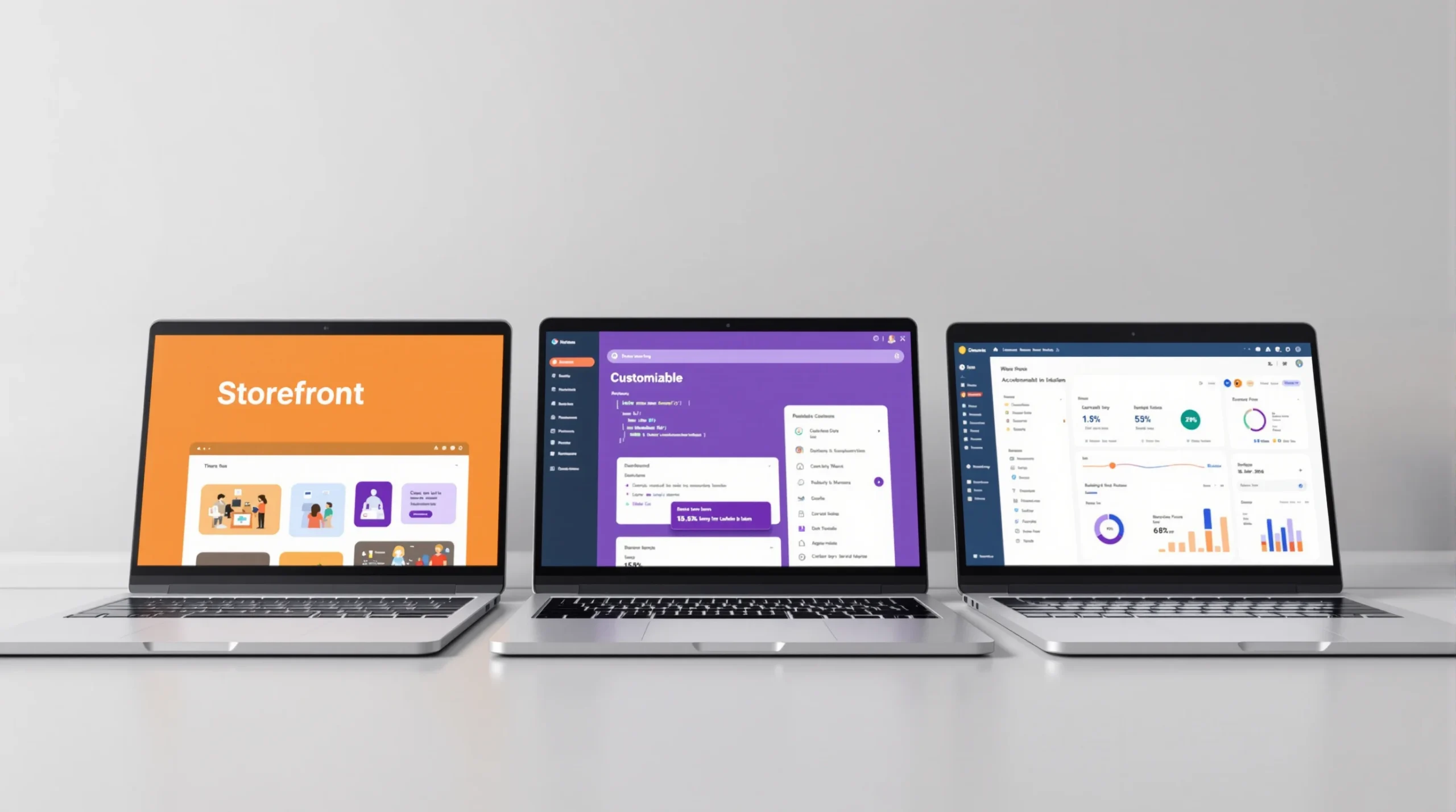 Three laptops side by side showing different ecommerce platform interfaces — simple storefront, customizable dashboard, and analytics dashboard