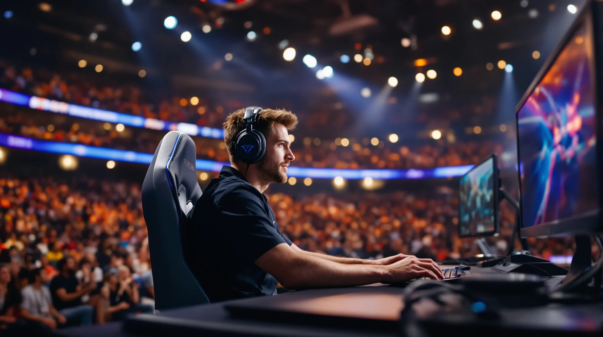 how to join an esports team professional tournament stage with player competing under lights and audience atmosphere