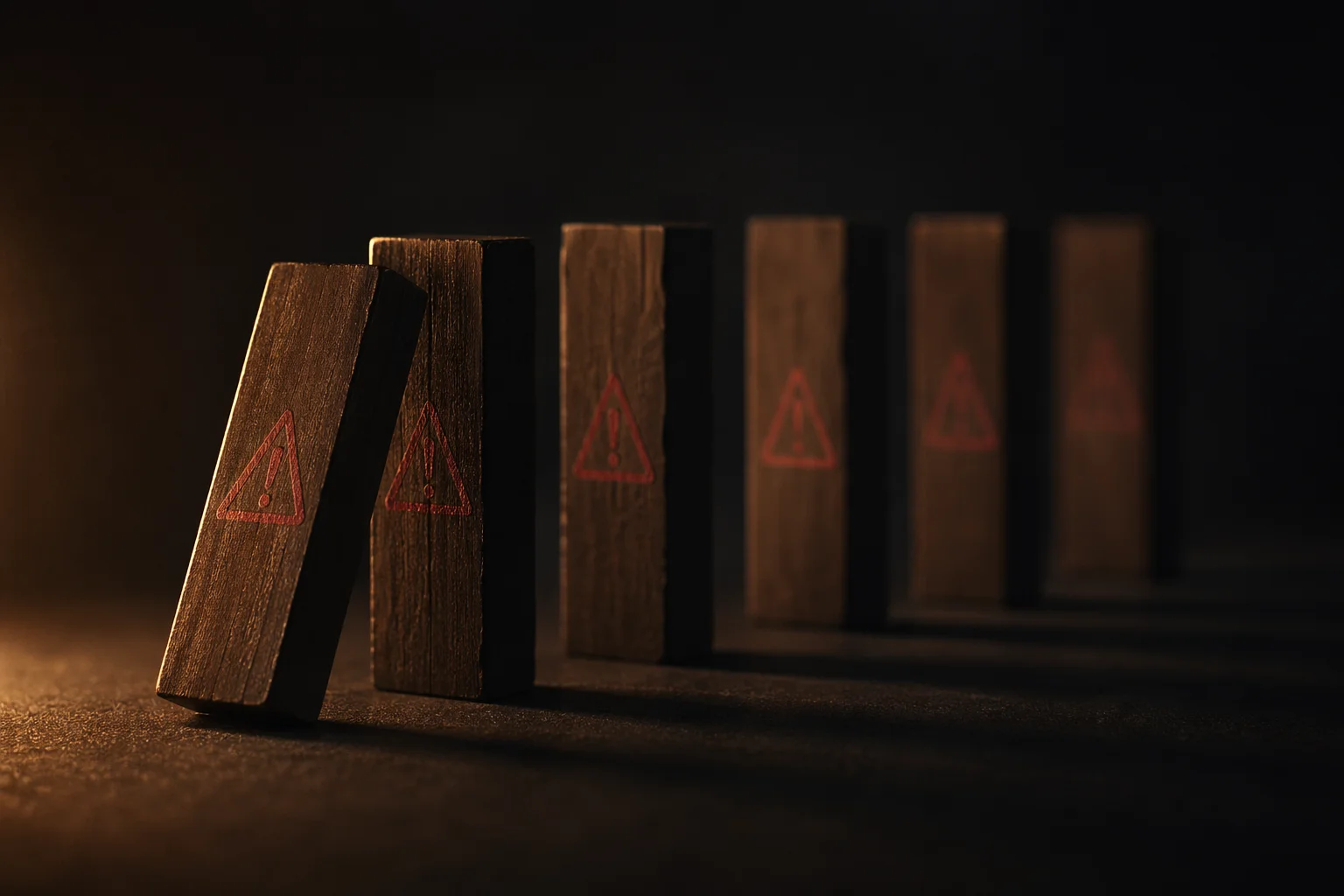 Wooden dominoes with red warning signs about to fall in a chain reaction, representing common ecommerce mistakes that lead to store failure