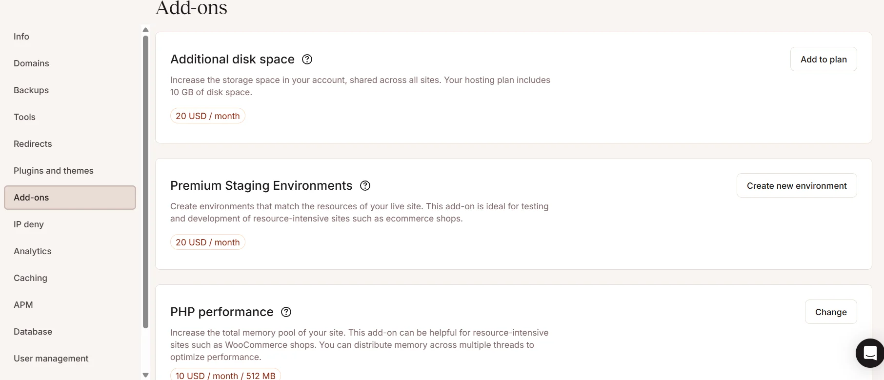 Kinsta hosting add-ons panel showing disk space, staging environments, and PHP performance options
