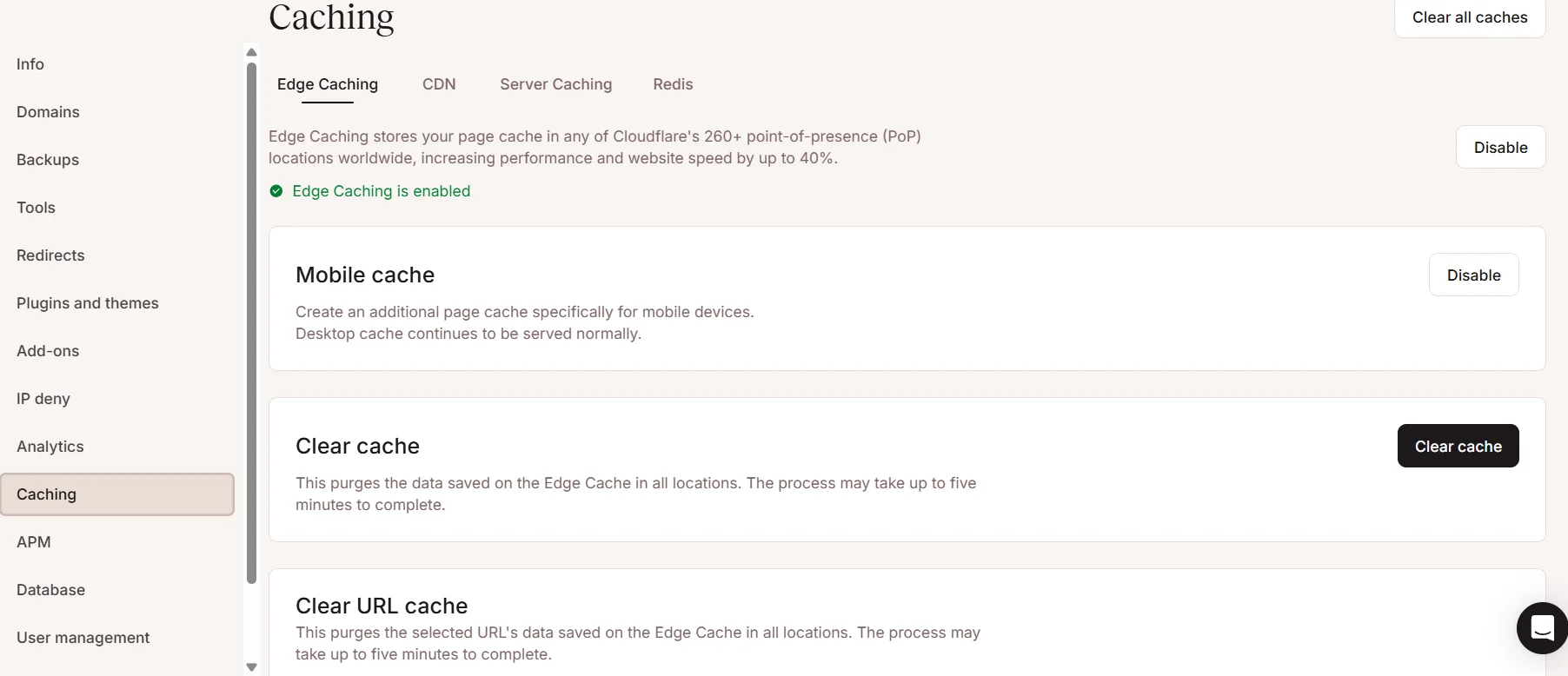 Kinsta hosting caching dashboard with Edge Caching enabled and cache management options