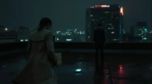 thriller movies you can't stop thinking about — a woman and a man in a tense rooftop confrontation at night