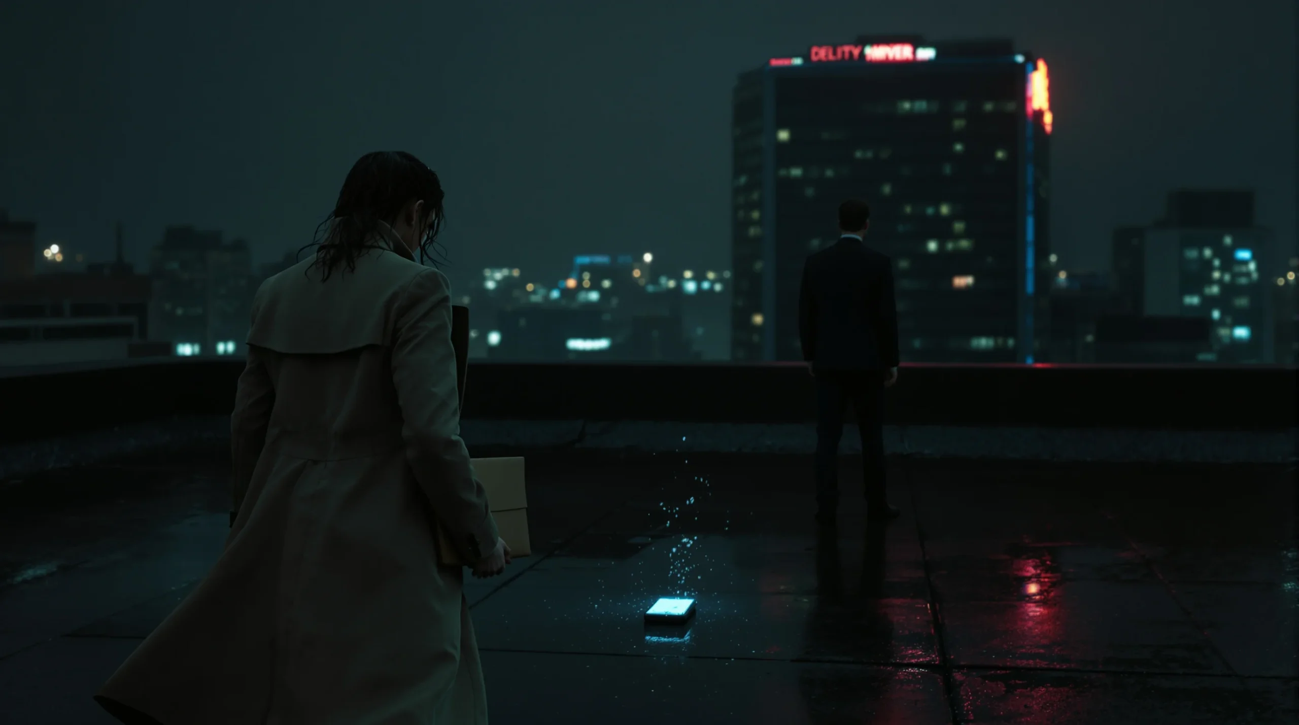 thriller movies you can't stop thinking about — a woman and a man in a tense rooftop confrontation at night