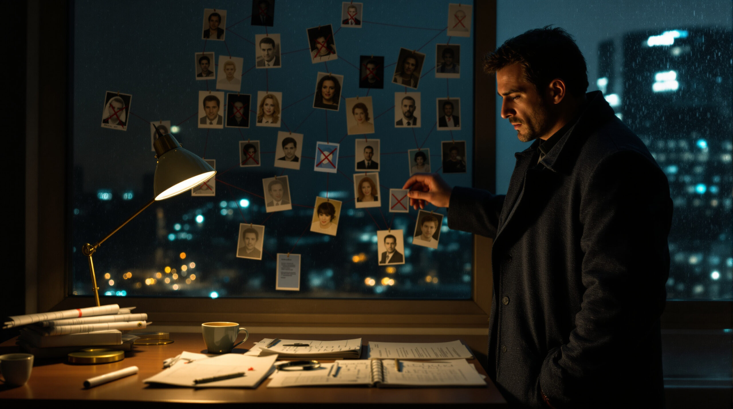 thriller movies you can't stop thinking about — a detective examining an evidence wall with red thread connections