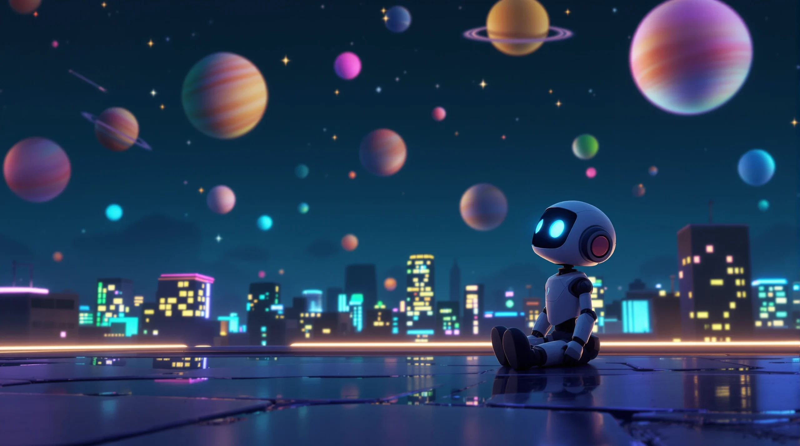 animated movies that surprised — a fictional animated scene of a robot watching colorful planets