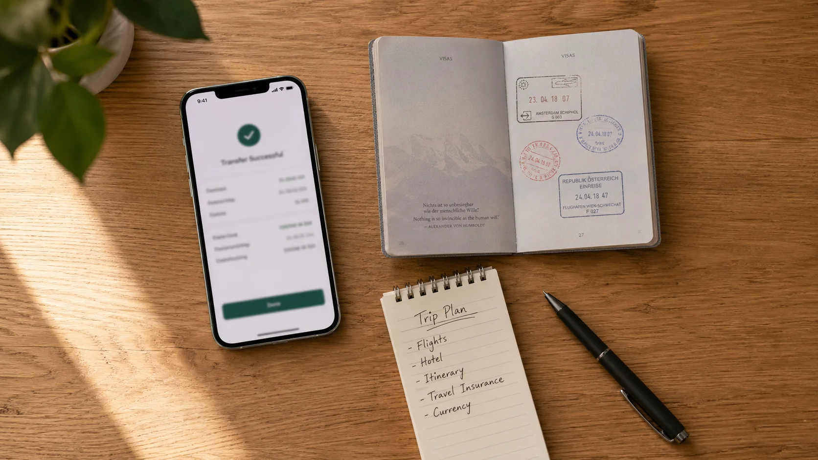 Flat lay of a smartphone showing a bank transfer screen, an open passport, a notepad, and a pen on a wooden desk