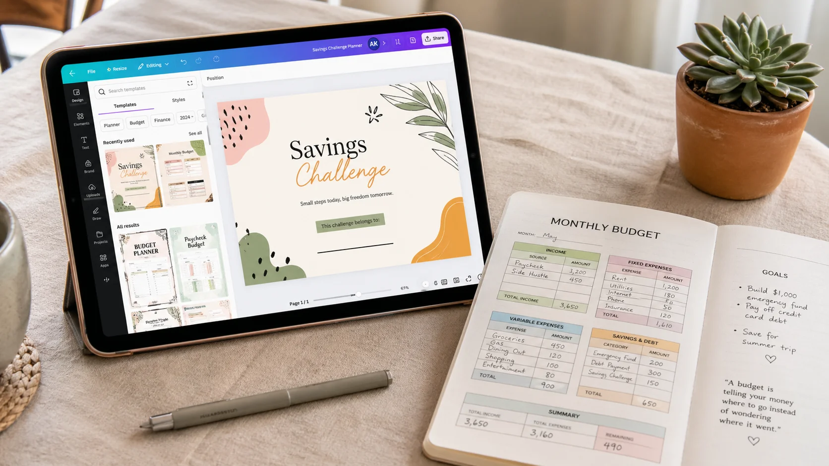 A tablet displaying a Canva template design next to an open budget planner on a linen tablecloth with soft daylight