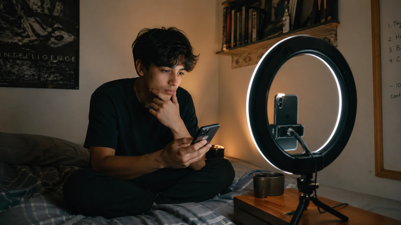A young content creator sitting on a bed reviewing their phone with a ring light and small tripod on the bedside table