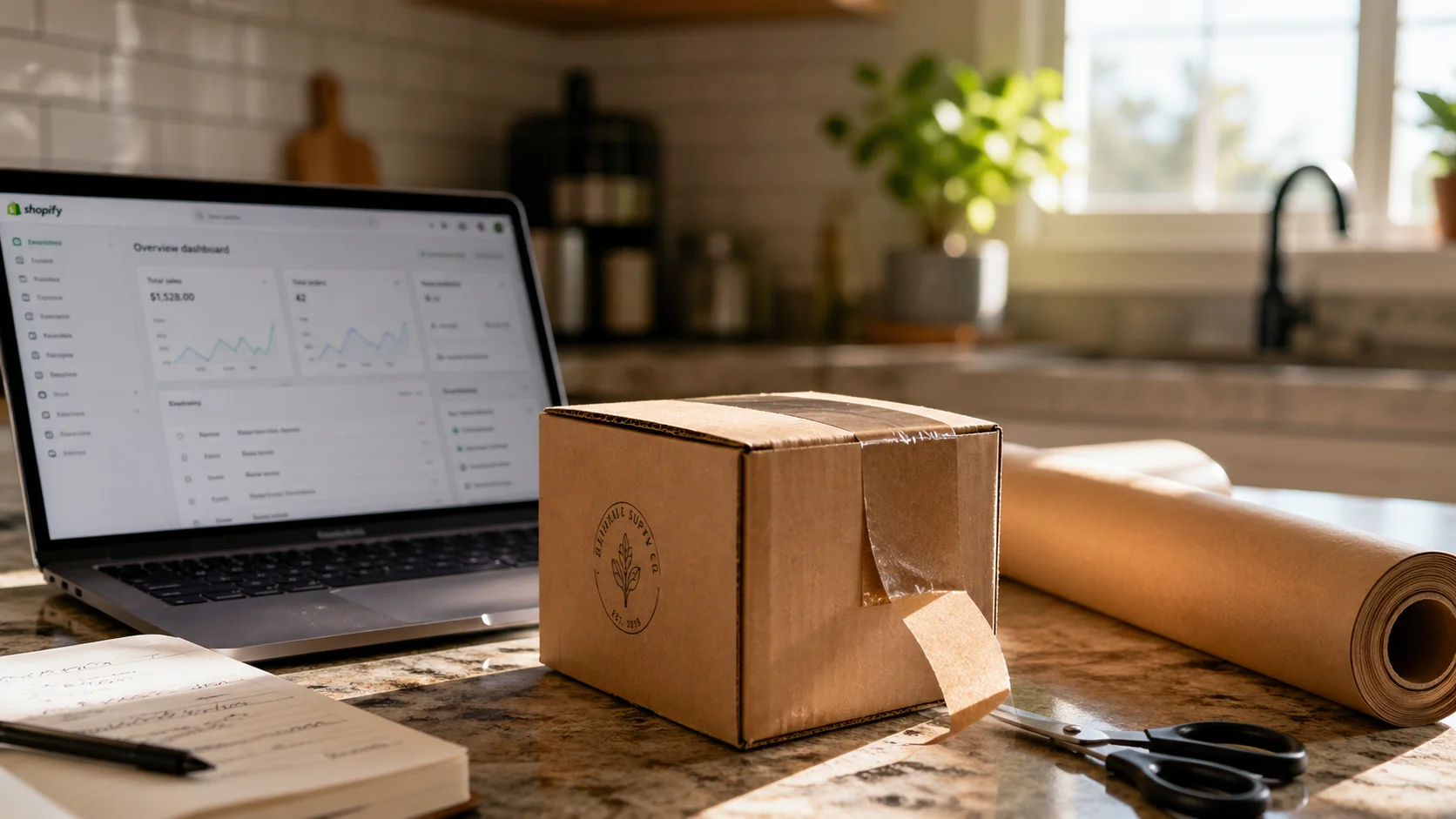 A small cardboard shipping box on a kitchen counter with packing tape and a laptop showing a store dashboard in the background