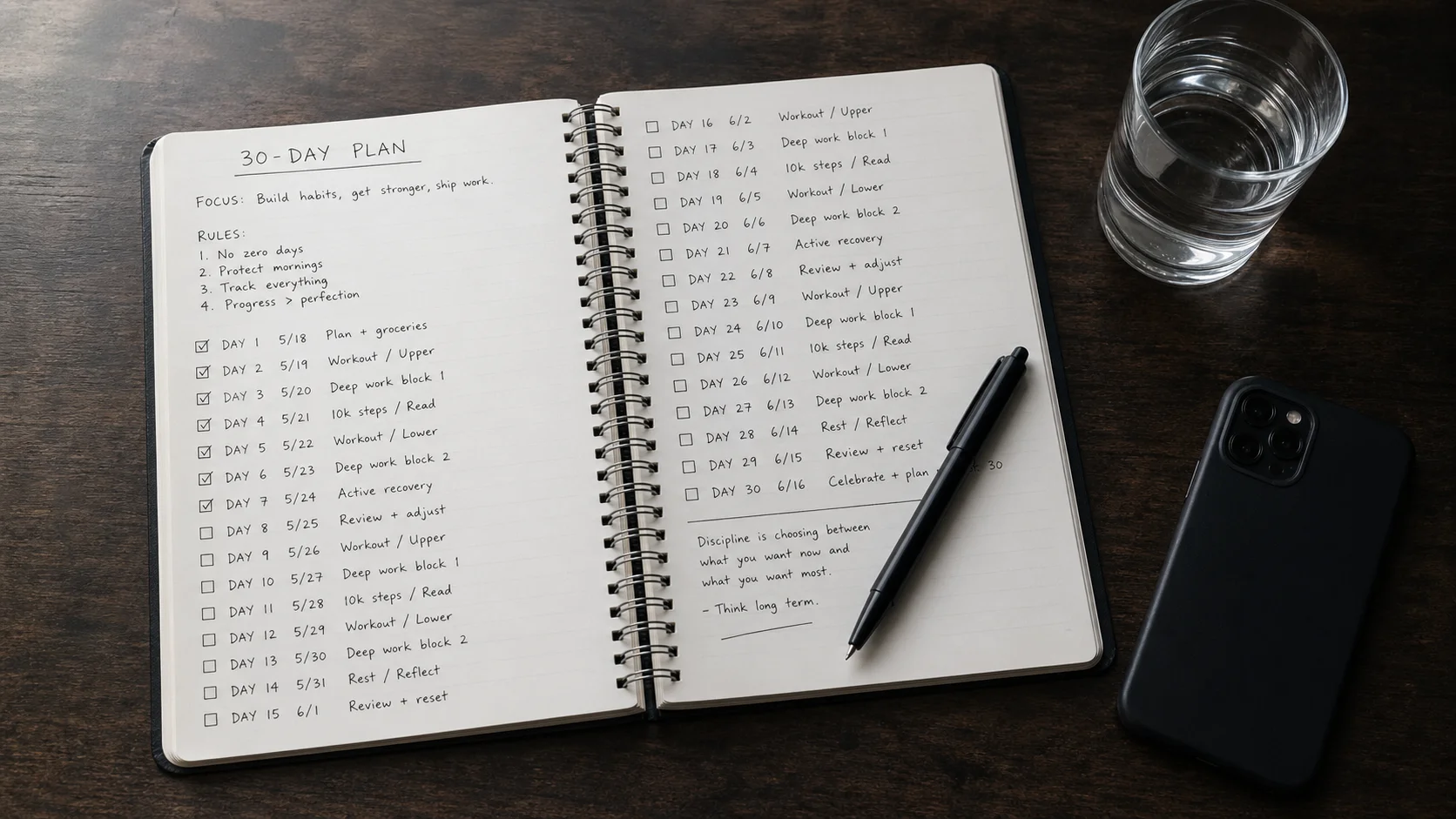 Overhead shot of an open spiral notebook with a handwritten 30-day plan, checkboxes, and a black pen on a dark wooden desk