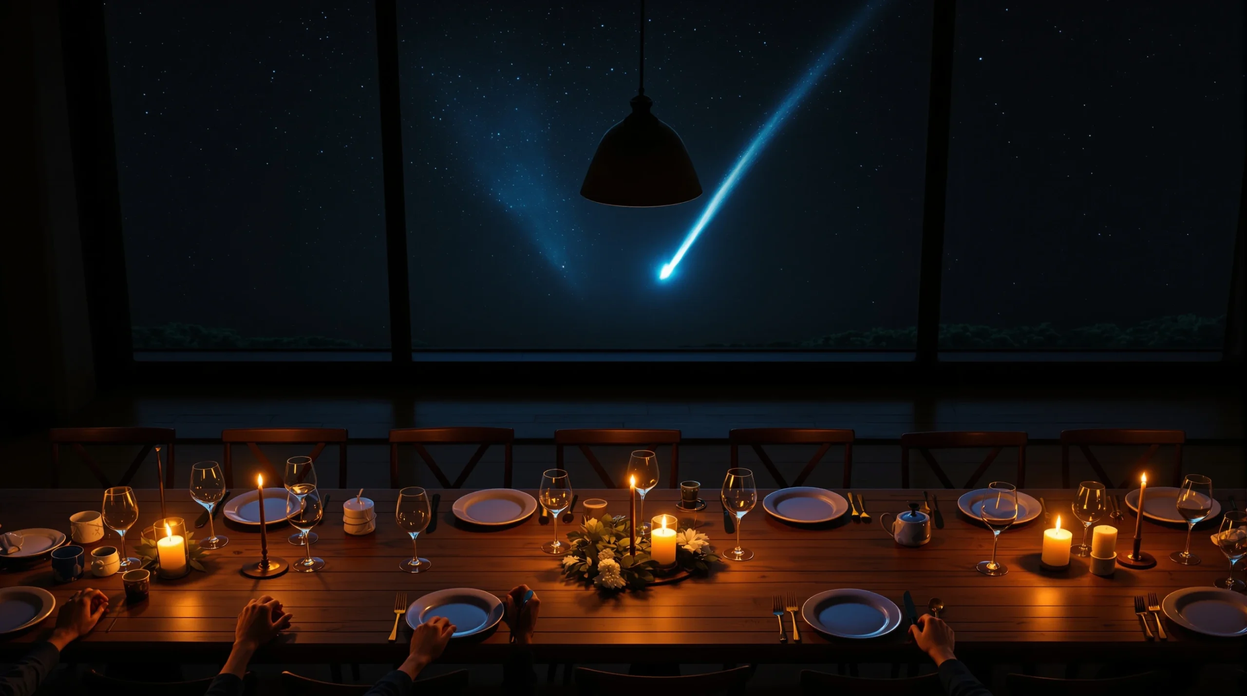 An overhead view of a candlelit dinner table with a comet passing overhead — thematic image for thought-provoking sci-fi movies that make you think.