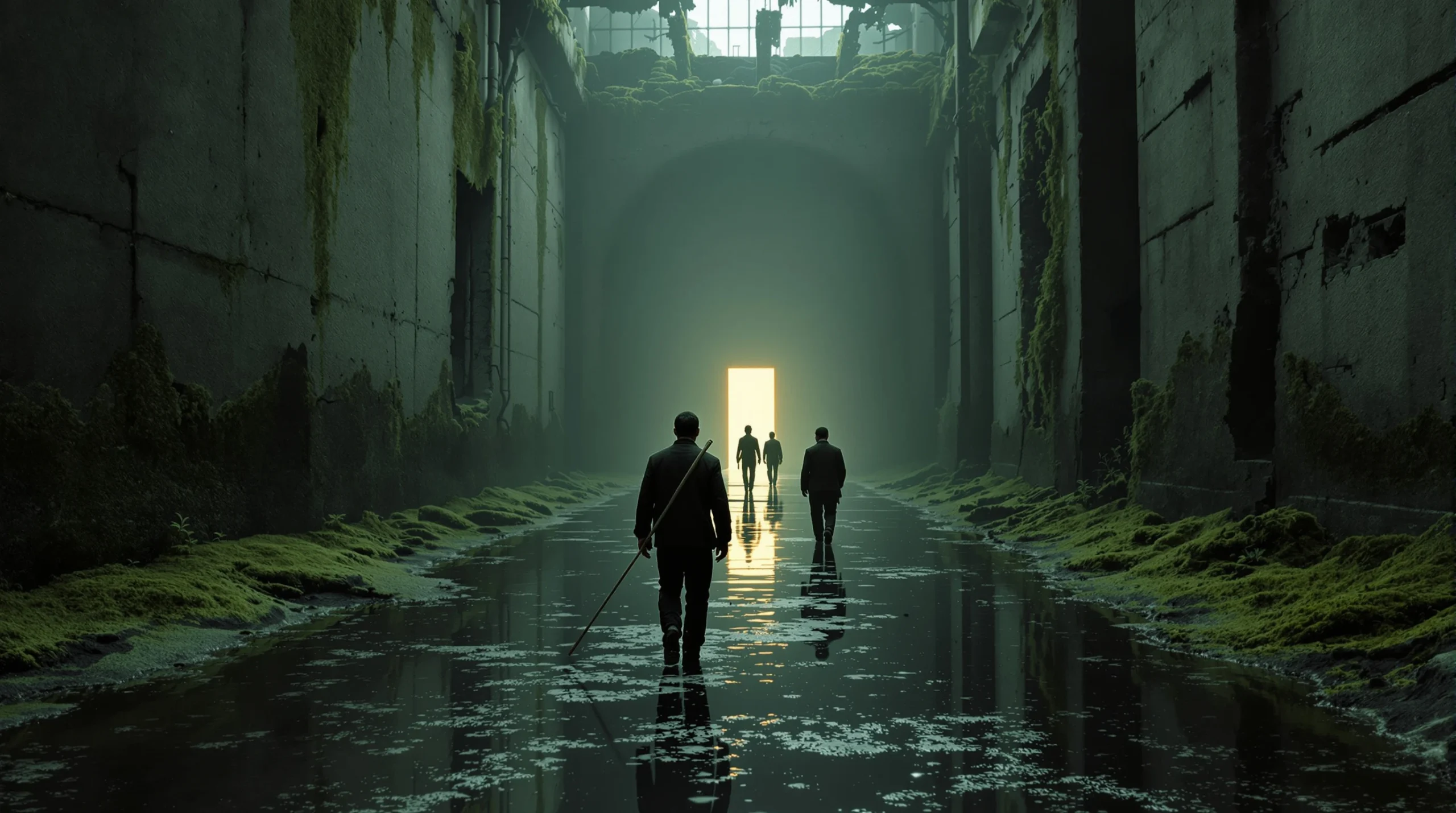 Three figures standing before a glowing doorway in a ruined corridor — closing image for a curated list of sci-fi movies that make you think.