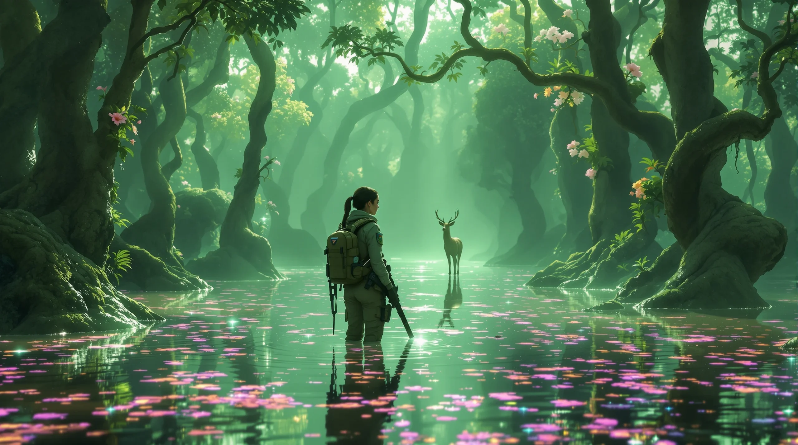 A lone expedition member in an iridescent, crystallized forest — visual companion for cerebral sci-fi movies that make you think.