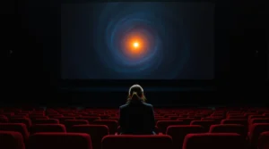 A lone viewer sitting in an empty cinema watching a cosmic screen — hero image for a curated list of sci-fi movies that make you think.