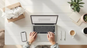 Start an ecommerce business from scratch — flat-lay workspace with laptop, shipping box, smartphone, and coffee on a white desk