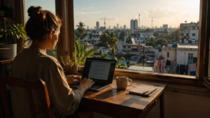 A woman working on a laptop by an open window at golden hour — representing how to make money online from any country
