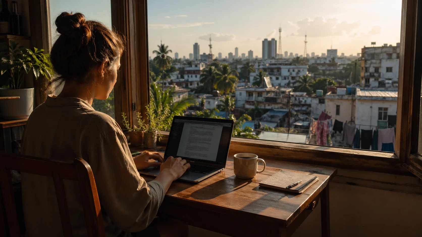 A woman working on a laptop by an open window at golden hour — representing how to make money online from any country