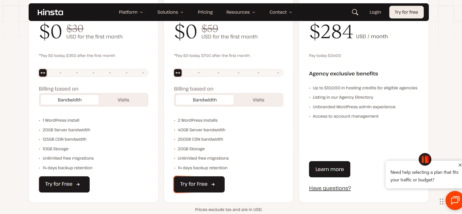 Kinsta hosting pricing plans showing Single site and Multi-site options with bandwidth and visit billing