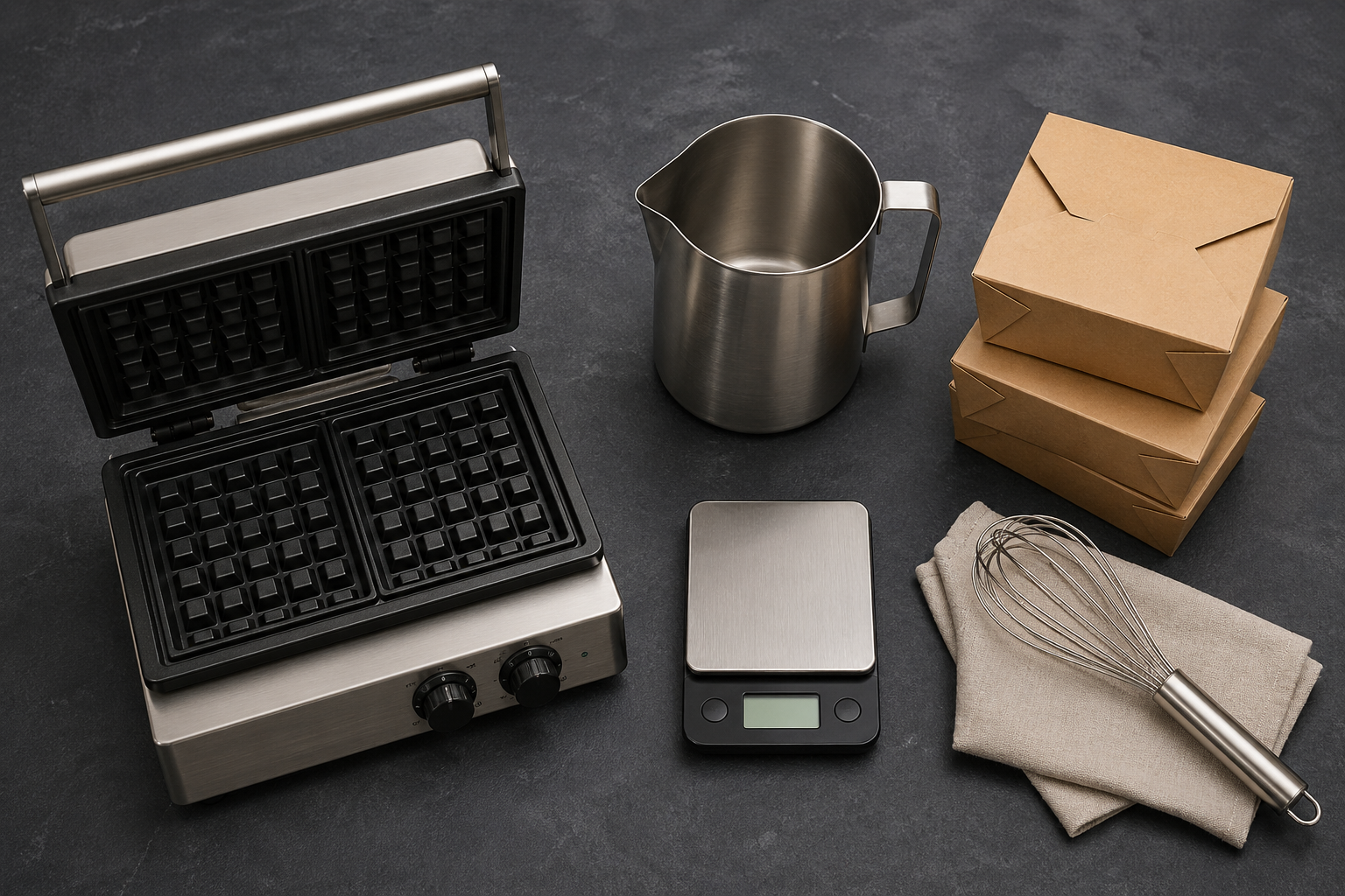 Essential waffle business equipment including a commercial waffle iron, stainless steel pitcher, digital kitchen scale, whisk, and kraft takeaway boxes on a dark slate surface
