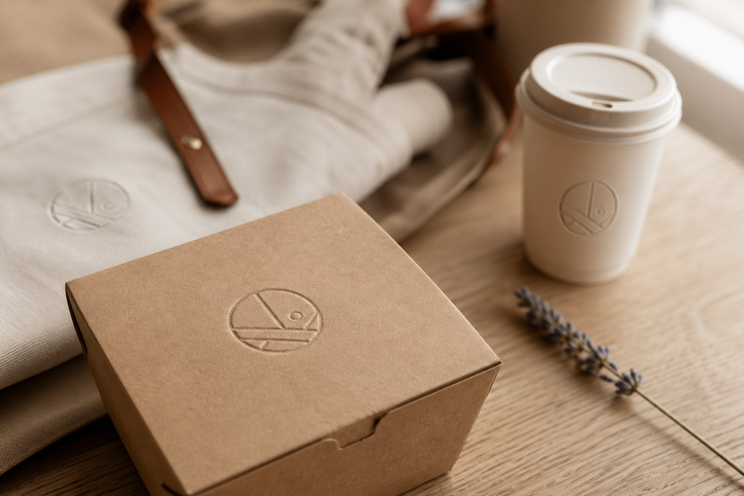 Minimalist waffle business branding mockup with an embossed kraft takeaway box, branded coffee cup, linen apron with leather strap, and dried lavender on an oak table